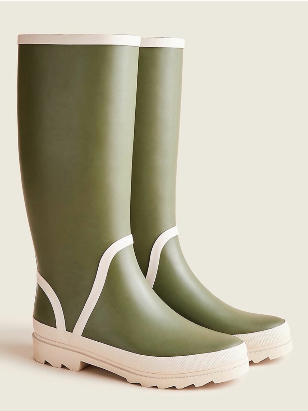 J.Crew Tall Lug-Sole Rain Boots in Huntington Green with cream trim.